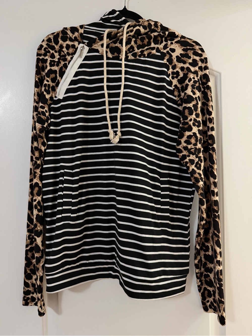 NWOT ANDTHEWHY Striped Black & White Hoodie with Leopard Sleeves